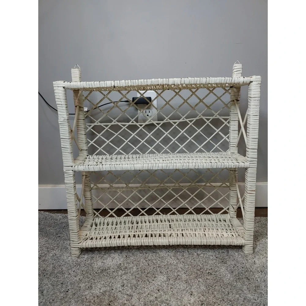 Vintage White Wicker Shelf MCM Cottagecore Hanging Rattan Three Tier Wall Shelf